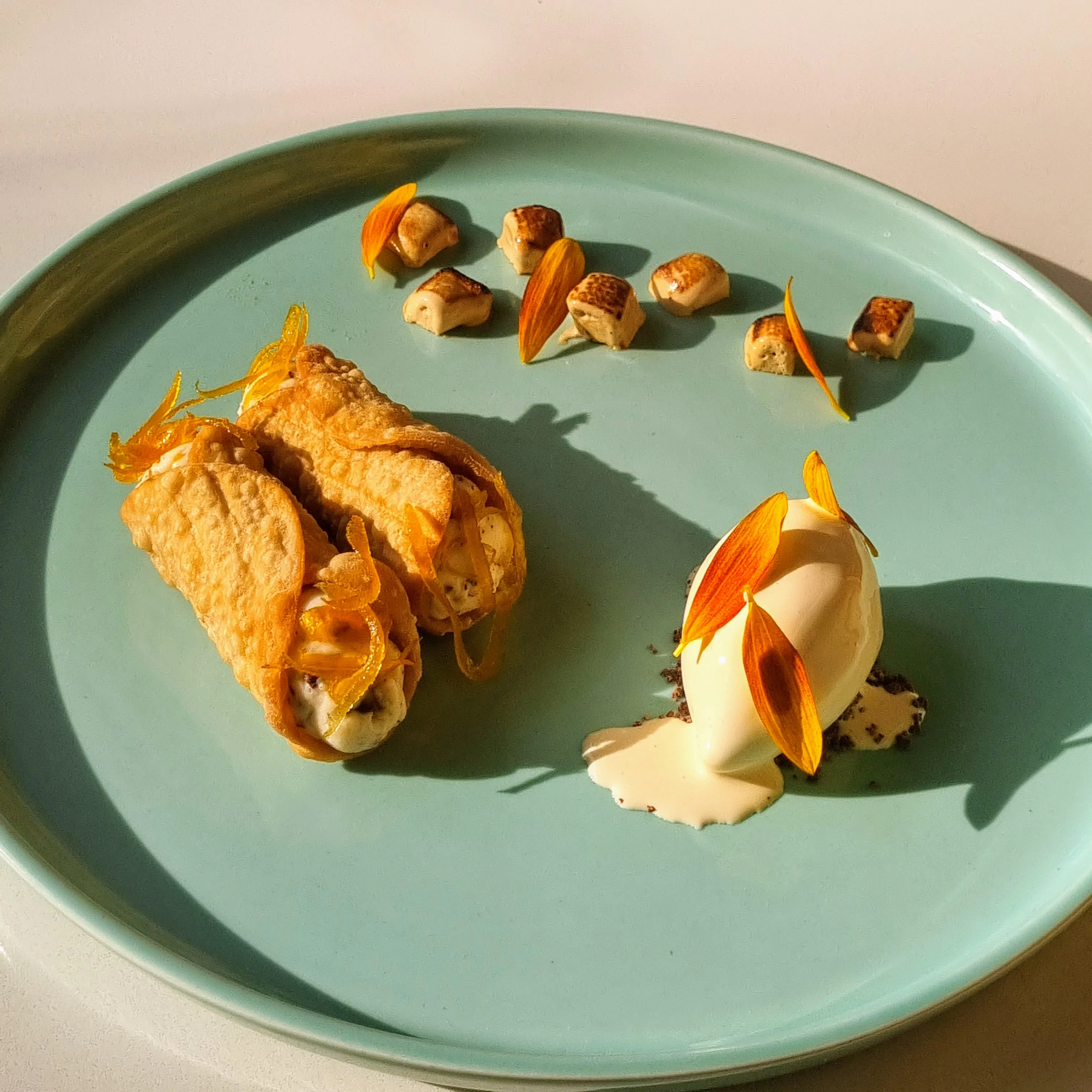 Amasi Cannoli, Miso Marshmellow, Burnt Butter Ice Cream, Sunflower