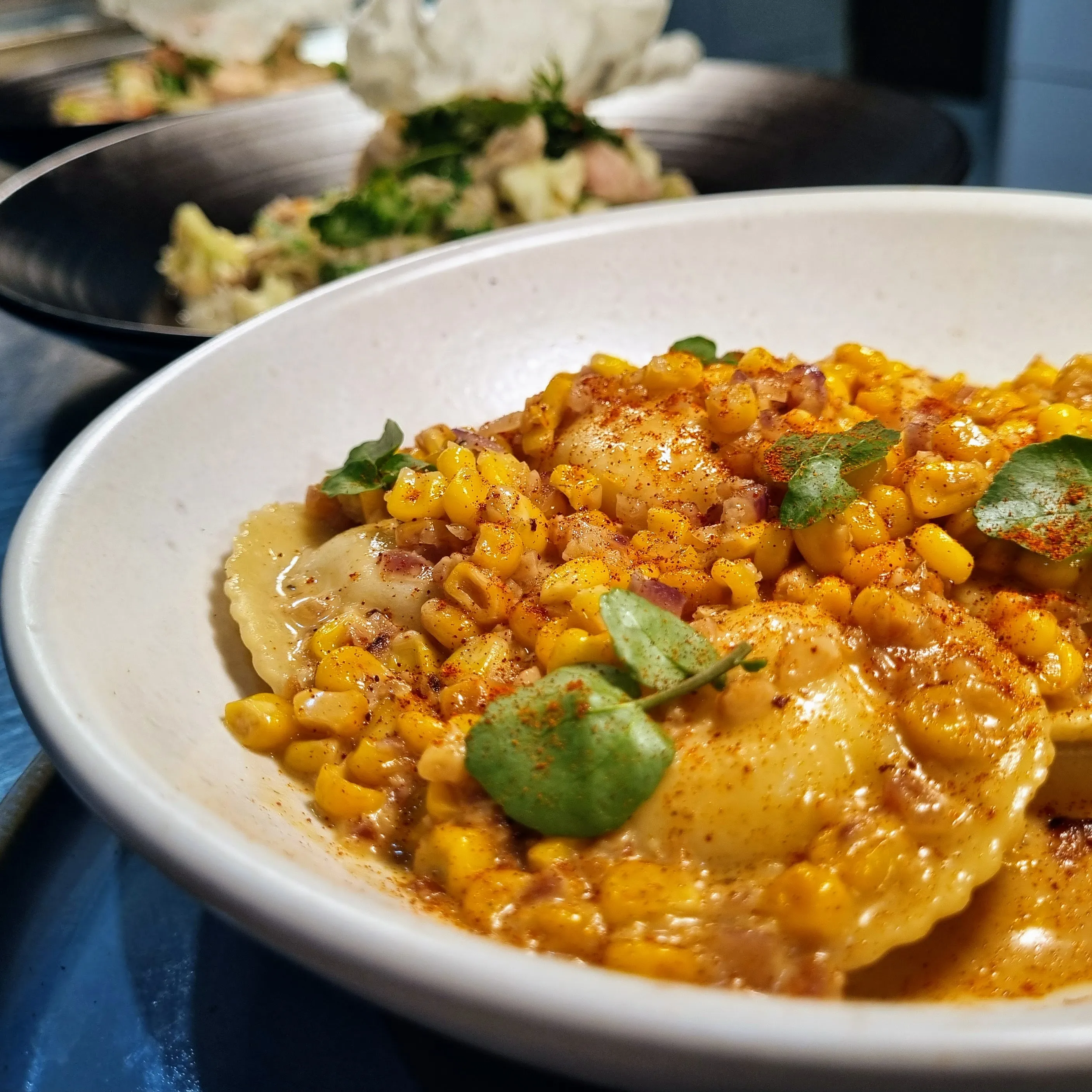 Ricotta Ravioli, Browned Garlic Butter, Sweet Corn, Paprikam Cress
