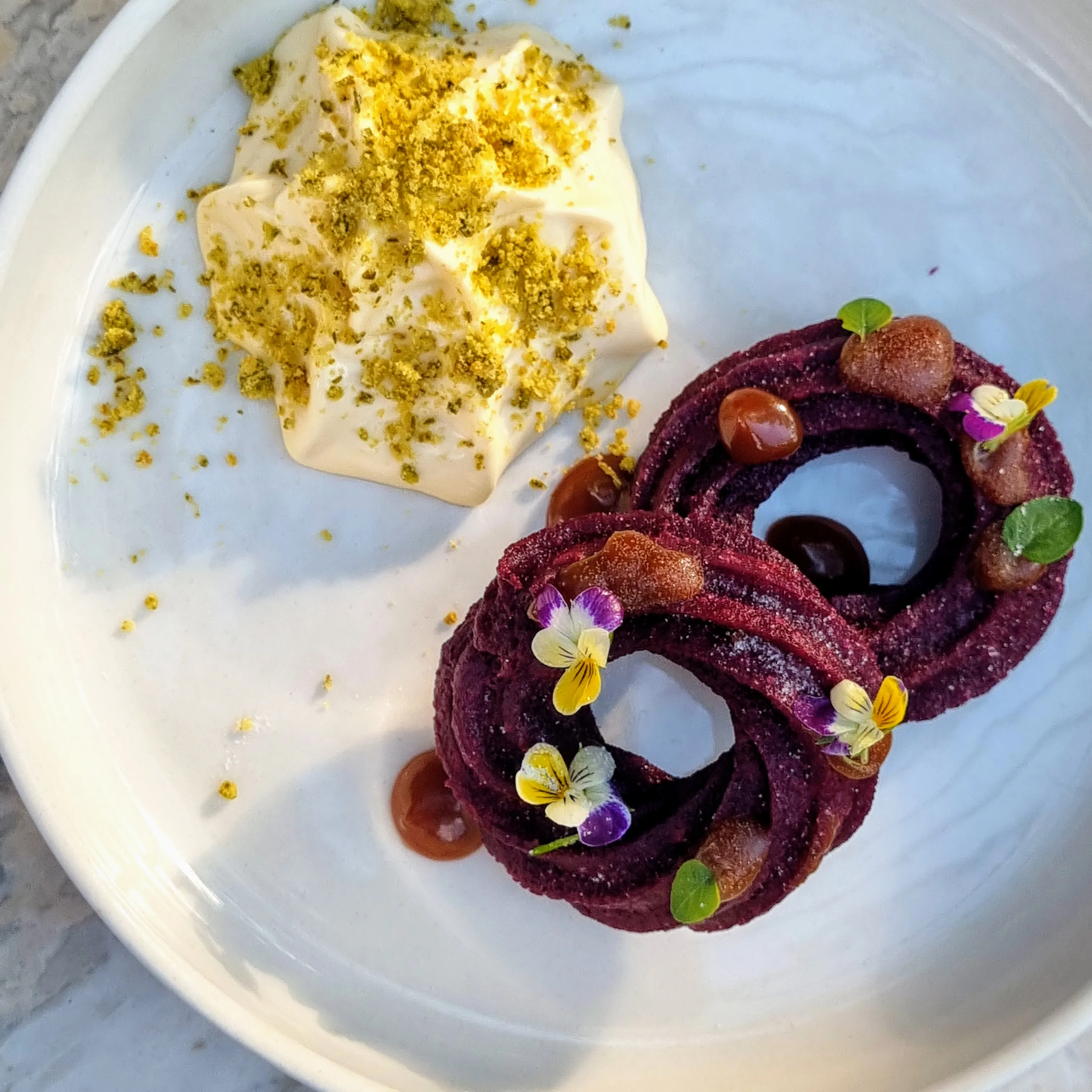 Rosella Churros, Gingerbread Caramel, Whipped Amarula Cream, Rosemary Crumble