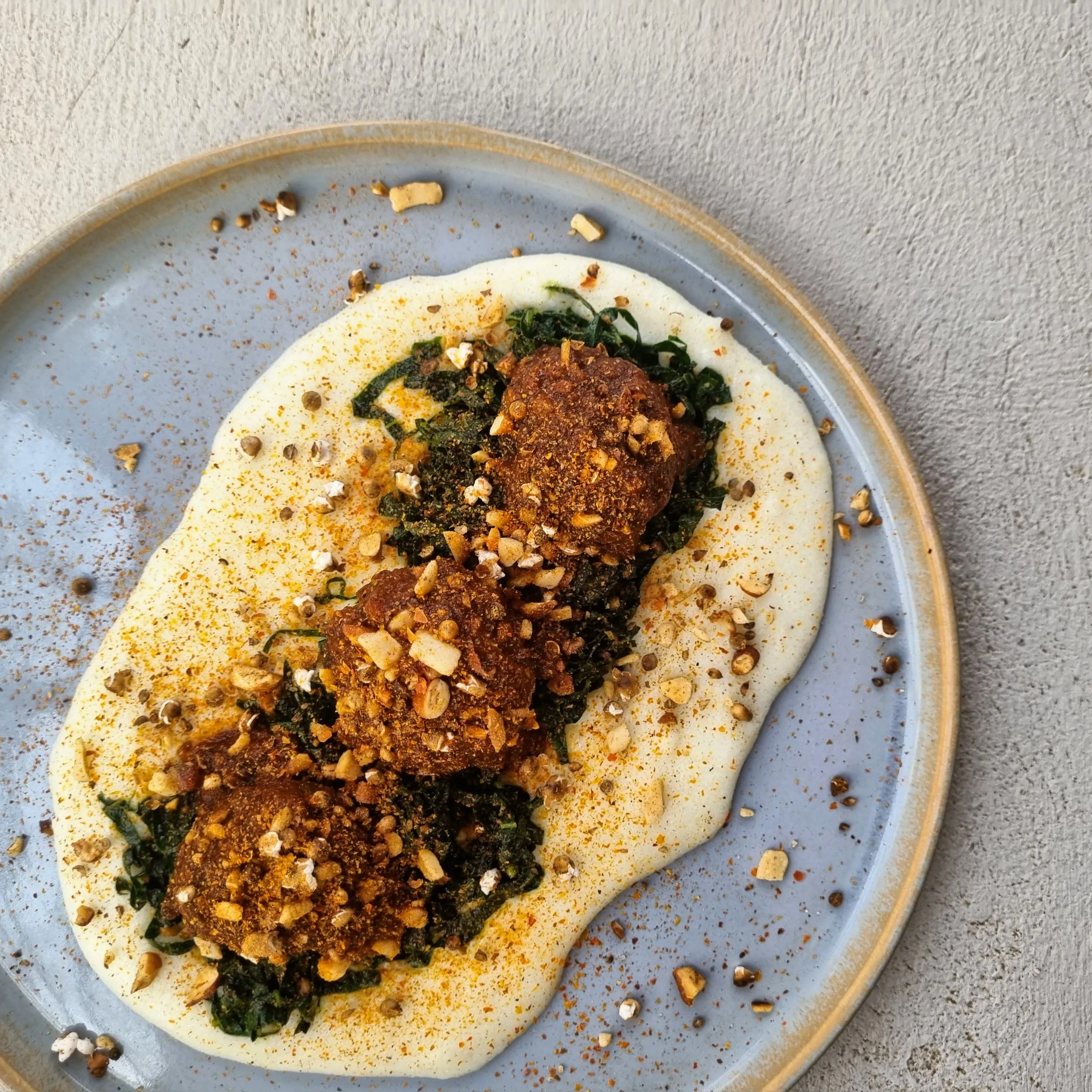 Springbok Meatballs, Creamy Maize, Choumeiler, Local Nut And Popped Grain Dukkah, Tomato Powder